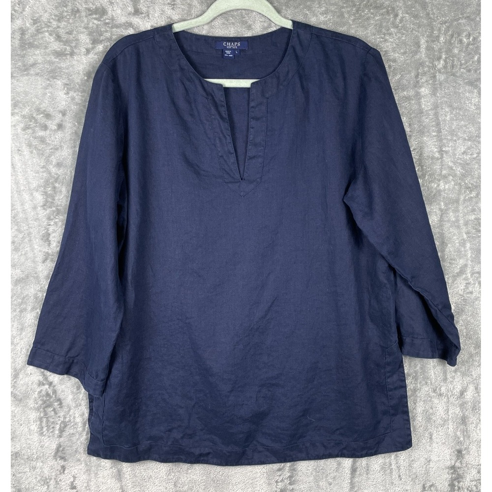 Womens 100% Linen Tunic Top Blouse Size Large Blue Shirt Lagenlook Beachy Resort